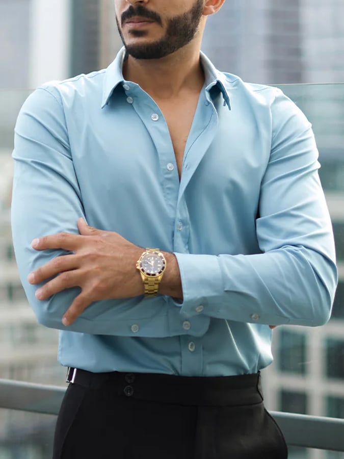 Camisa de color sólido Everyday solapa cuello de manga larga para hombre