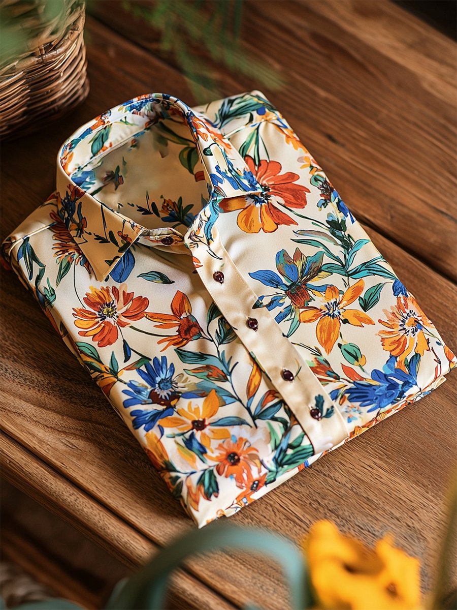 Camisa satén Luxe hawaiano estampado de manga corta Button para hombre