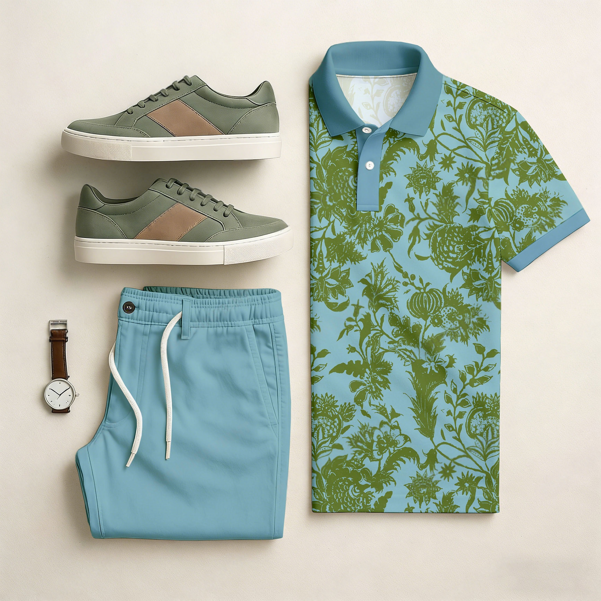 Conjunto de dos piezas casual Blue & Green Color Matching floral estampado de manga corta camisa polo & Trousers para hombre