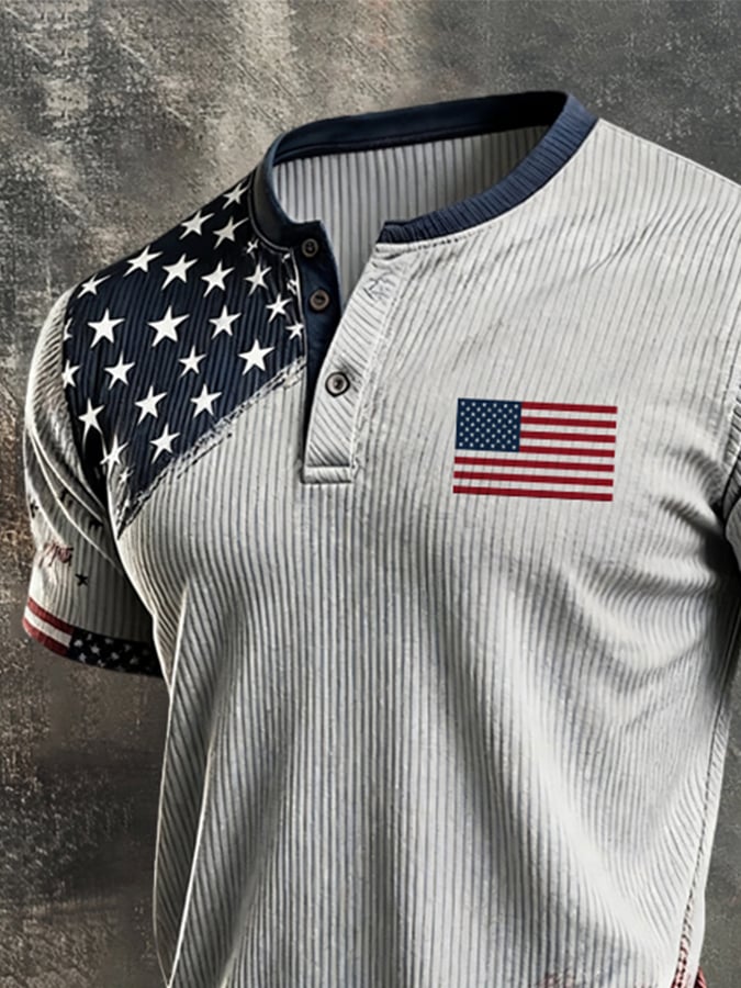 Camiseta retro Independence Day Patriotic Ribbed Henley de manga corta para hombre