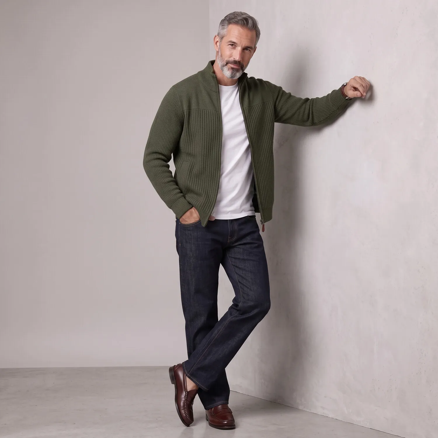 para hombre Army Green Stand Collar Ribbed tejidoted Full-Zip Cardigan