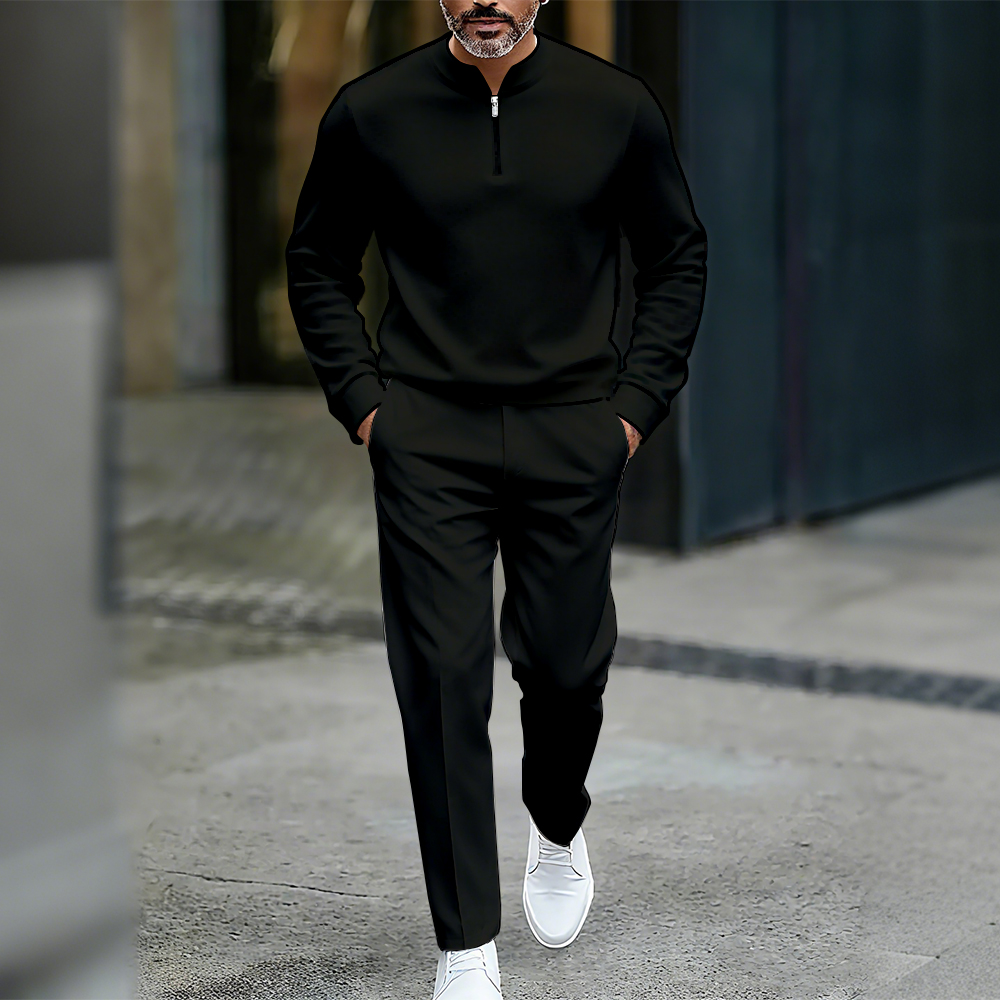 para hombre casual de color sólido Round-Neck Zipper de manga largad Trousers conjunto de dos piezas