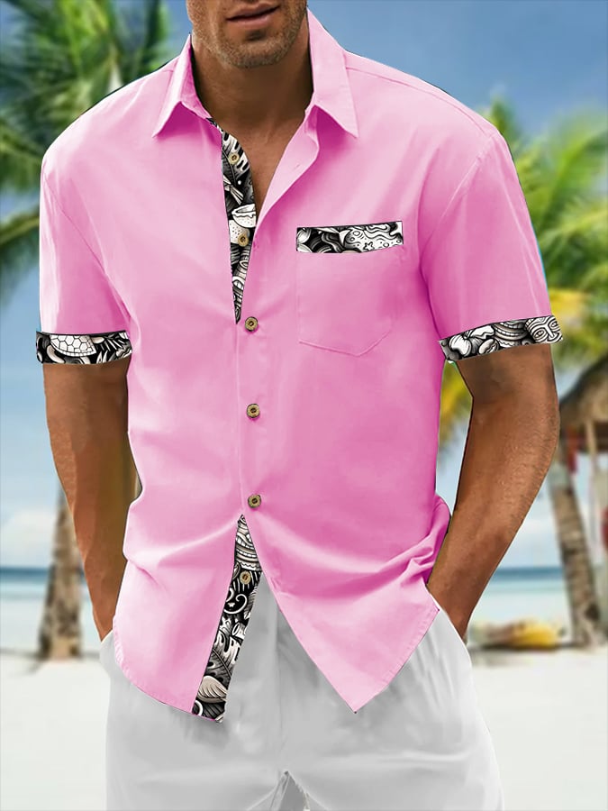 Camisa Resort Style Contrast estampado casual de manga corta para hombre