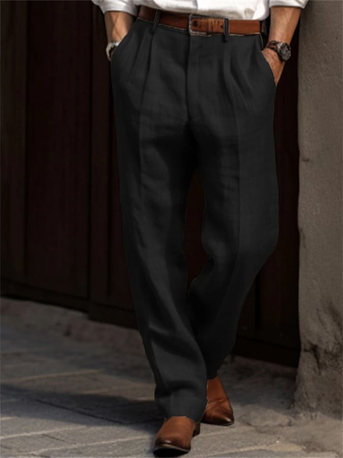 Casual de color sólido de algodón And de lino Resort Straight Trousers para hombre