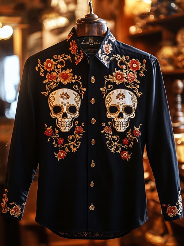 Camisa retro casual Skull estampado de manga larga para hombre