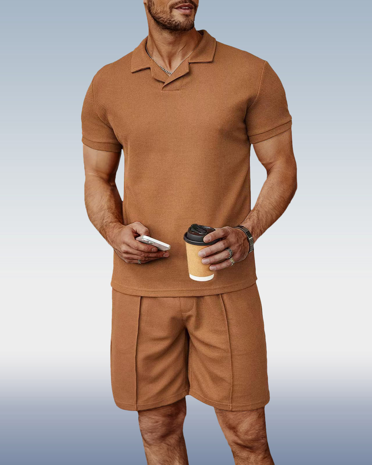 Camisa polo Suitmens Brown tejido V-Neck para hombre