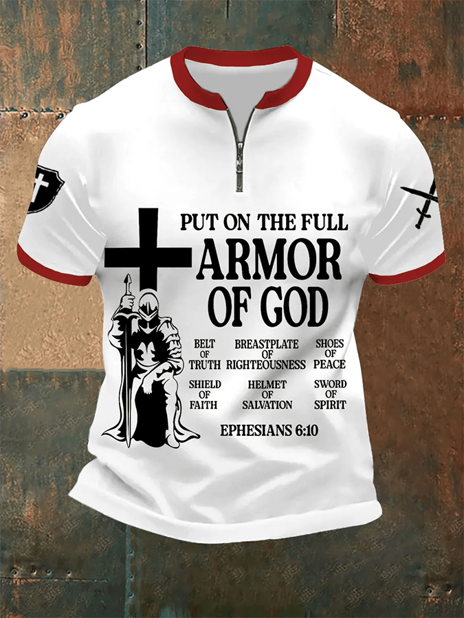 Put On The Full Armor Of God estampado casual Zip Tee para hombre