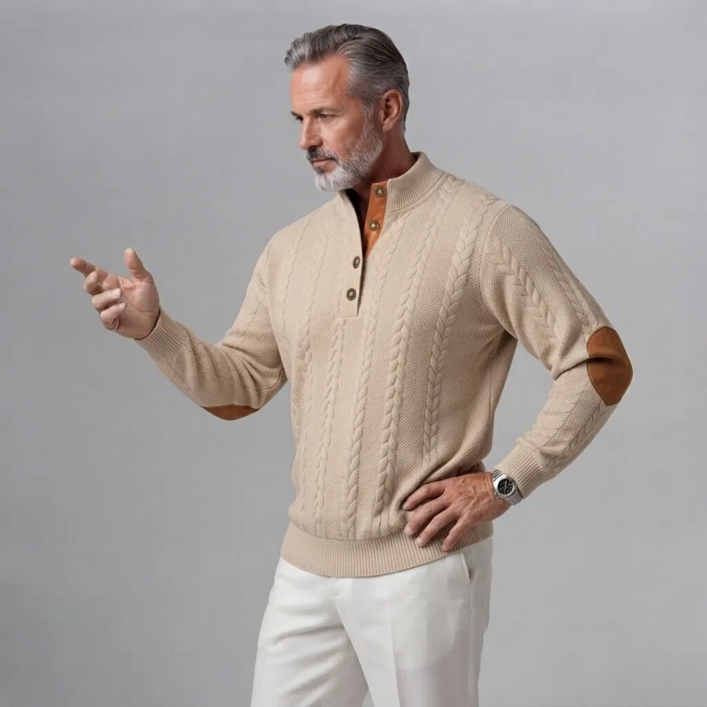 Sudadera Cable tejido Button Half Placket Stand Collar Patchpara trabajo para hombre