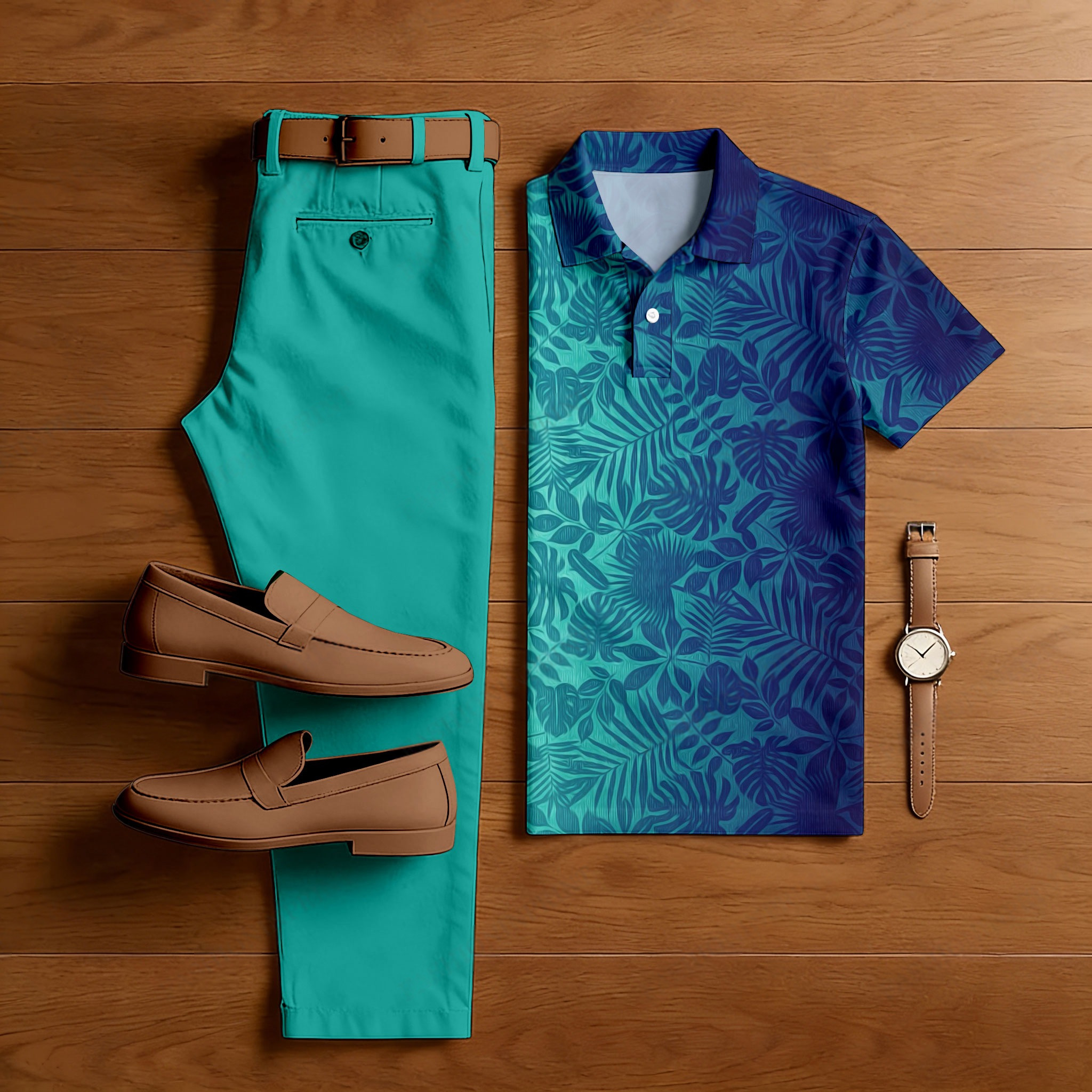 Conjunto de dos piezas casual Green & Navy Grafdient Color Matching floral estampado de manga corta camisa polo & Trousers para hombre