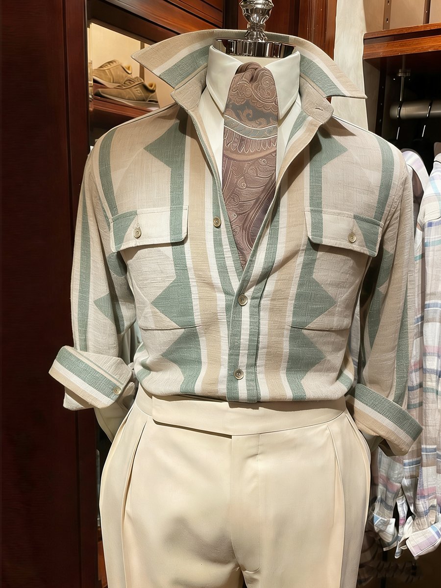 Camisa de lujo de algodón de lino a rayas estampado de manga larga para hombre