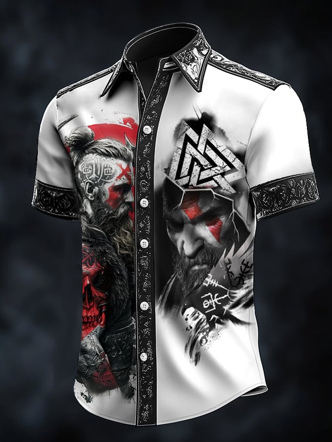 Camisa casual vintage Viking portrait satén para hombre