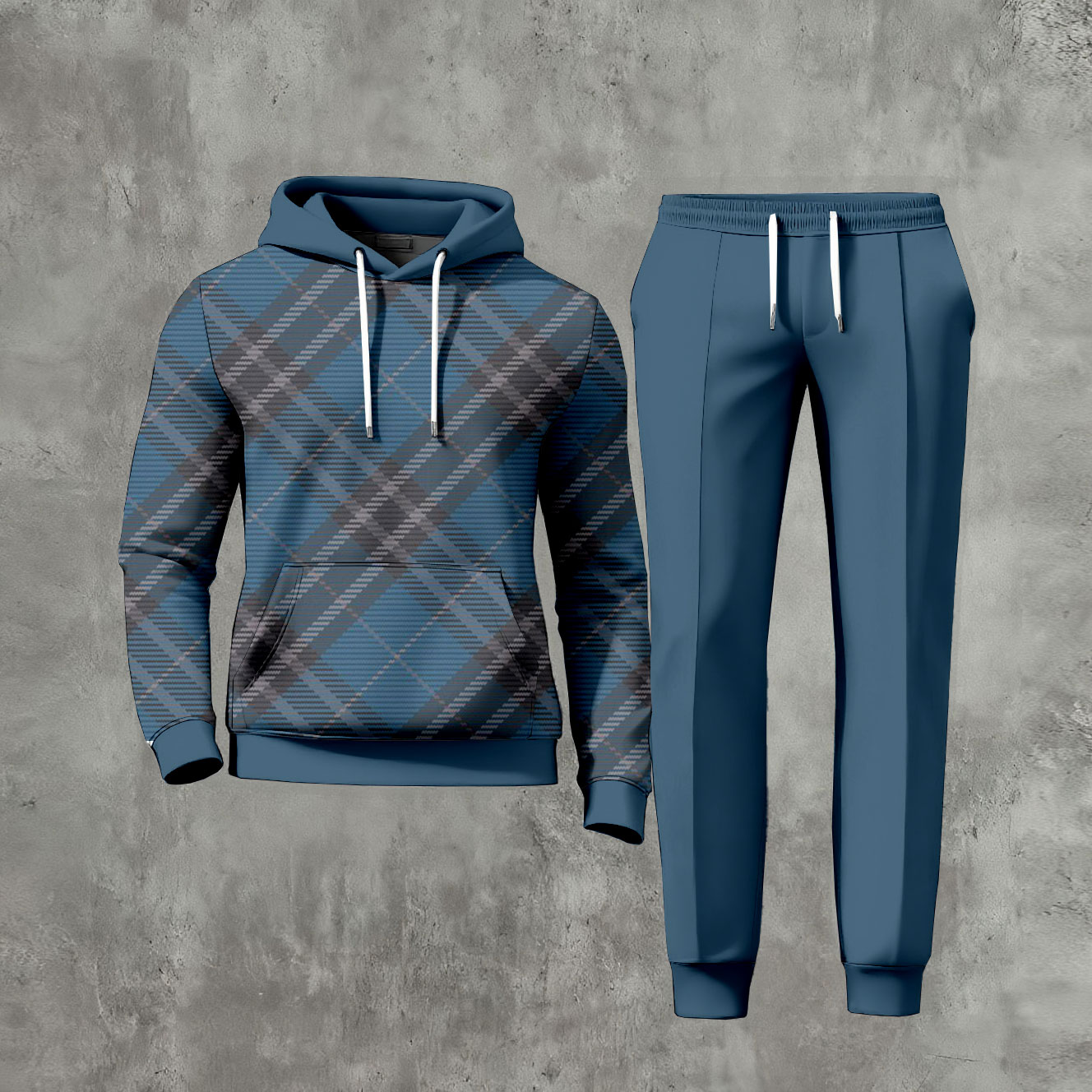 Conjunto de dos piezas casual Blue Checked estampado de manga larga sudadera con capuchas sudadera & Trousers para hombre