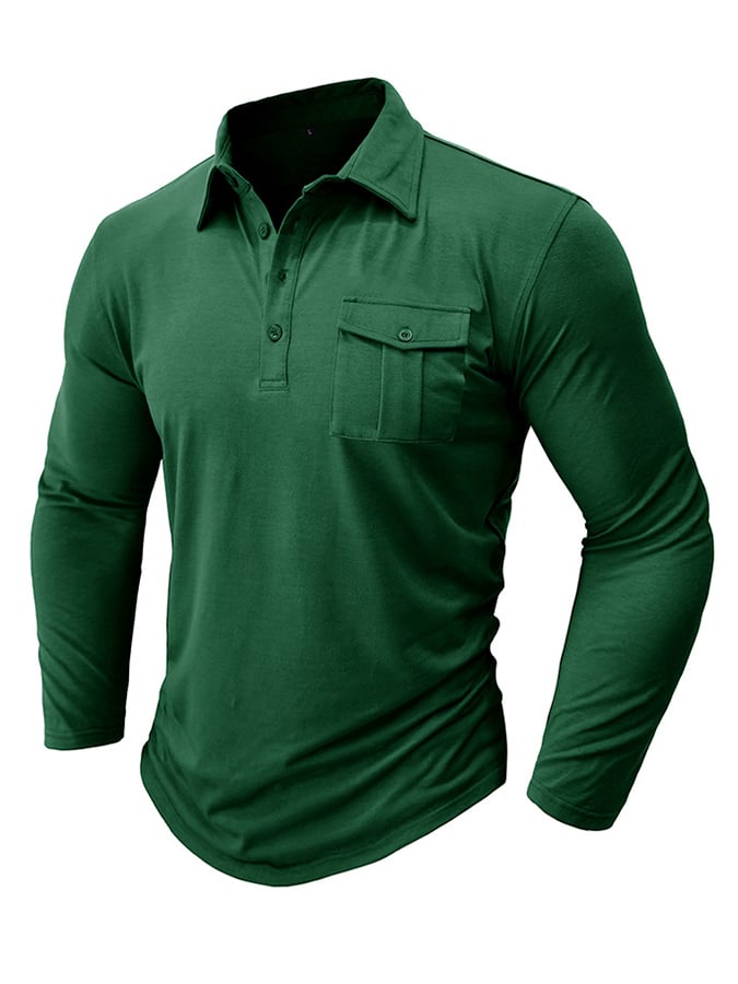 Camisa polo de color sólido de manga larga bolsillo para hombre