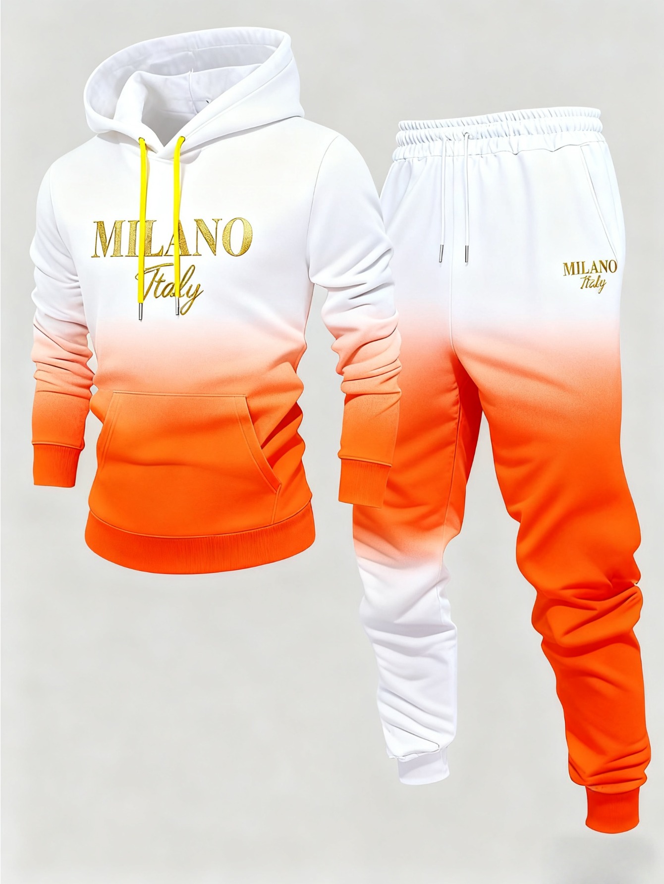 Conjunto de dos piezas casual Orange & White Gradient Color Matching estampado sudadera con capuchas de manga larga sudaderas & Sweatpantalón para hombre