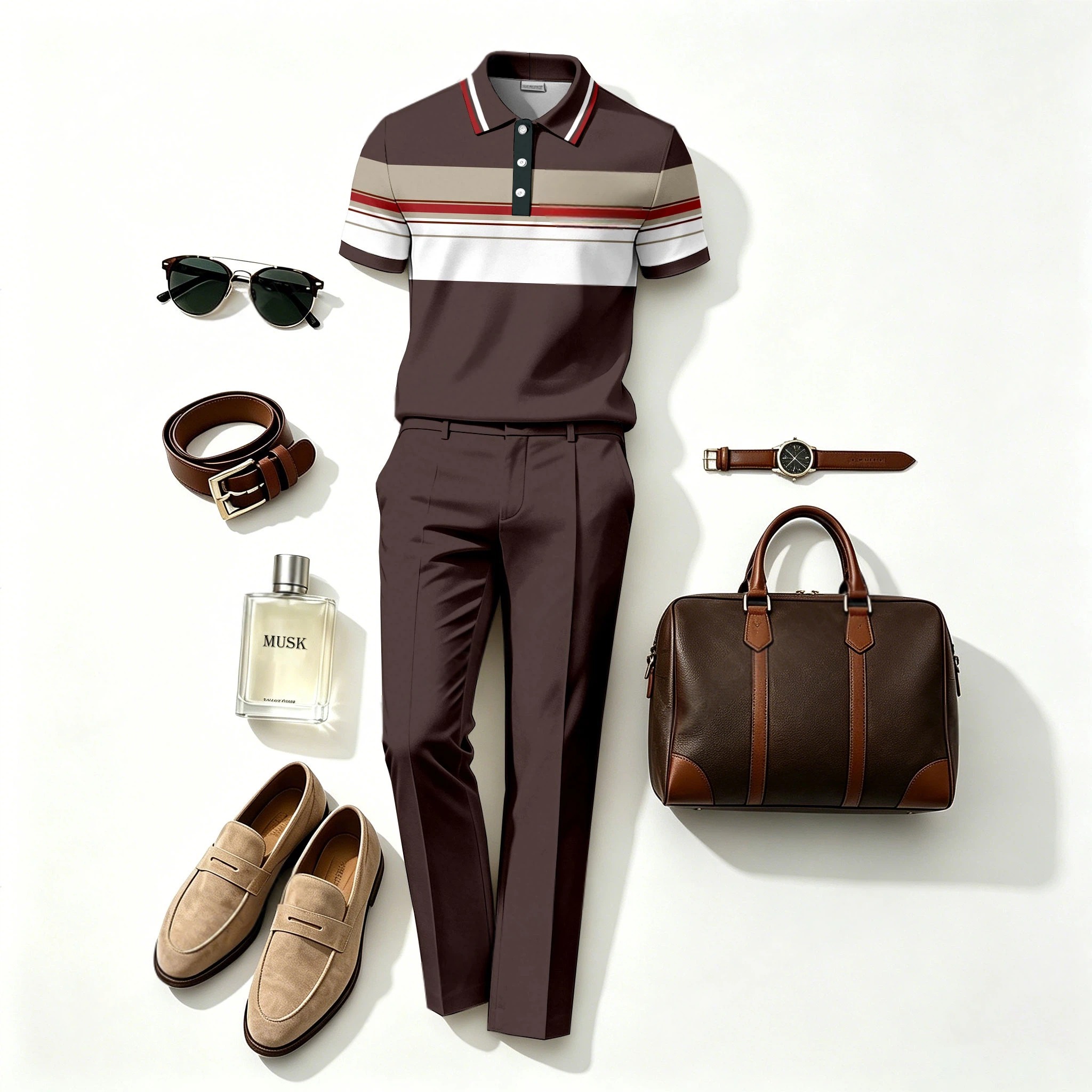 Conjunto de dos piezas casual Dark Brown rayas estampado camisa polo And pantalón para hombre