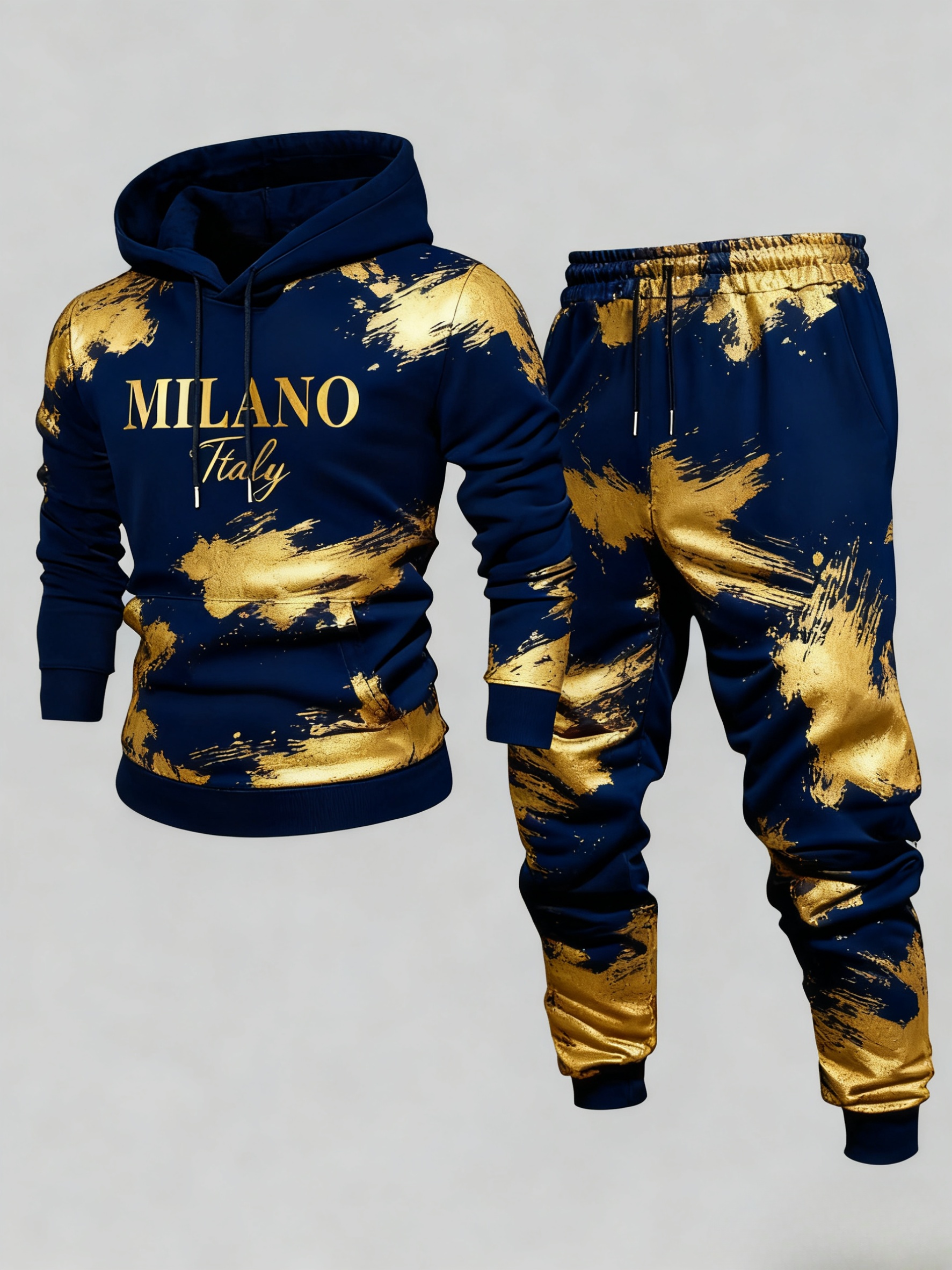 Conjunto de dos piezas casual Navy Blue & Gold Color Matching estampado sudadera con capuchas de manga larga sudaderas & Sweatpantalón para hombre