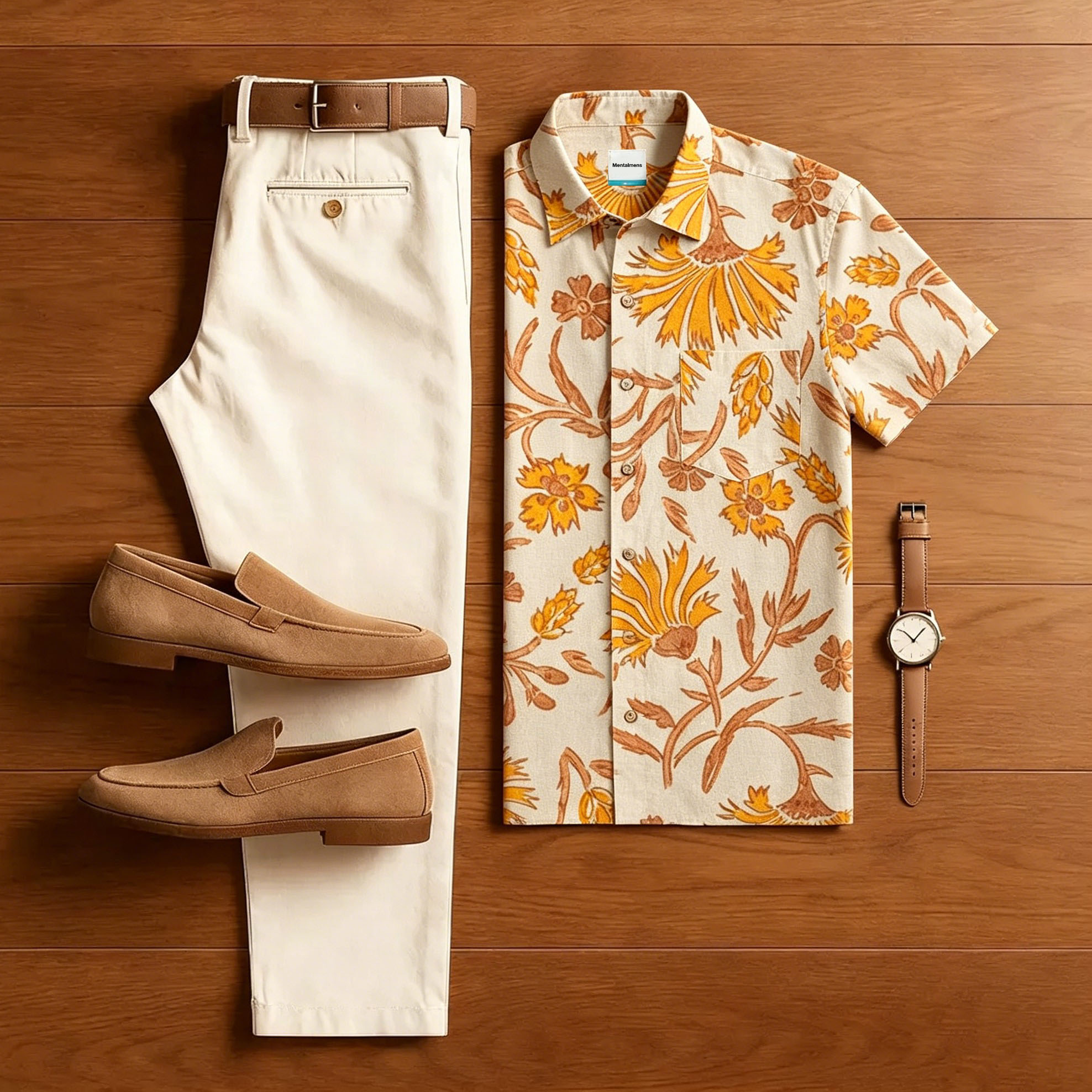 Vintage Yellow Flower estampado Men Vacation Matching Outfit