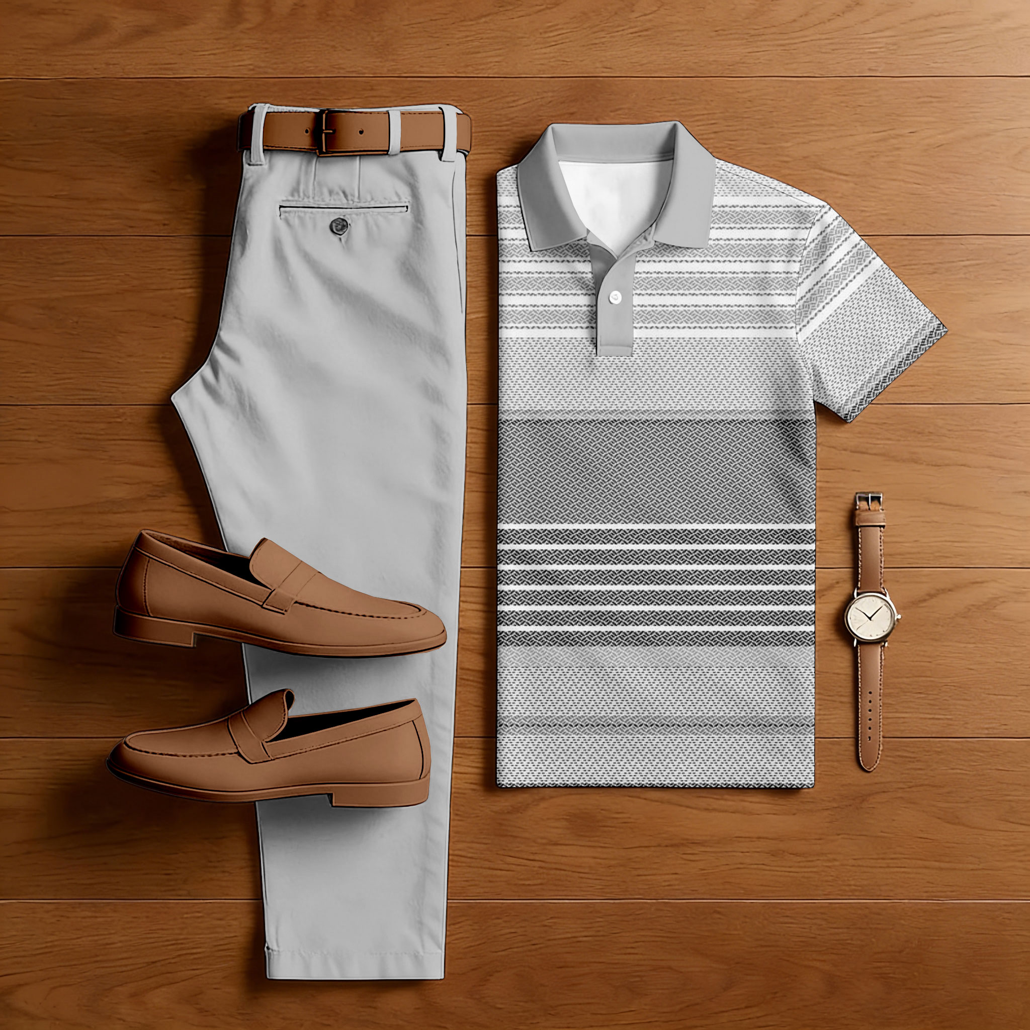 Conjunto de dos piezas casual Gray Color Matching estampado de manga corta camisa polo & Trousers para hombre
