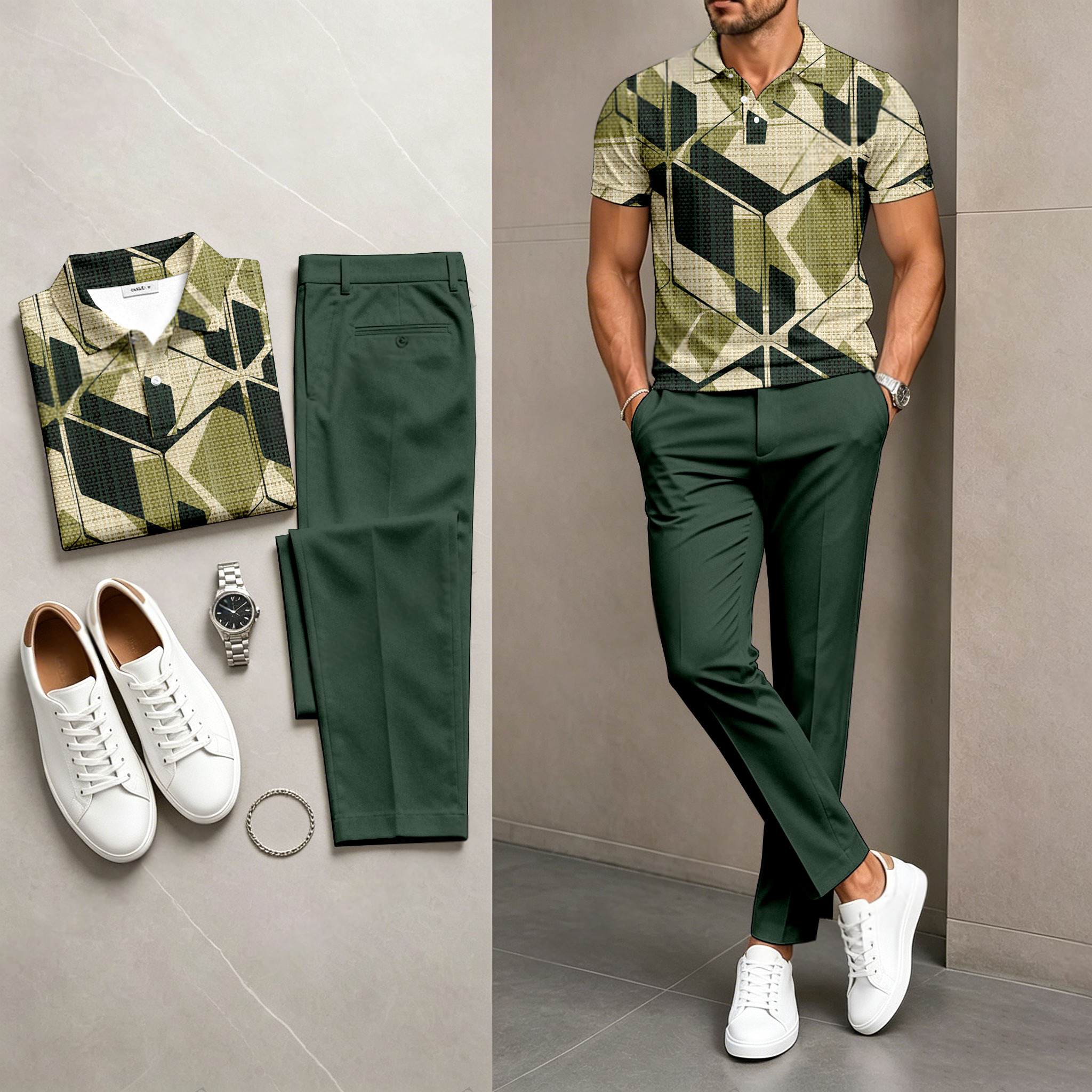 Conjunto de dos piezas casual Green estampado camisa polo And pantalón para hombre