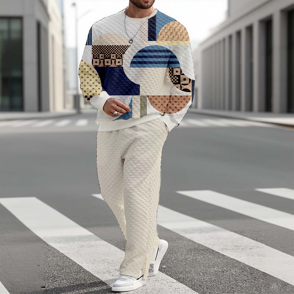 Conjunto de dos piezas casual Round-Neck Color Matching Checked estampado de manga larga sudadera & Trousers para hombre