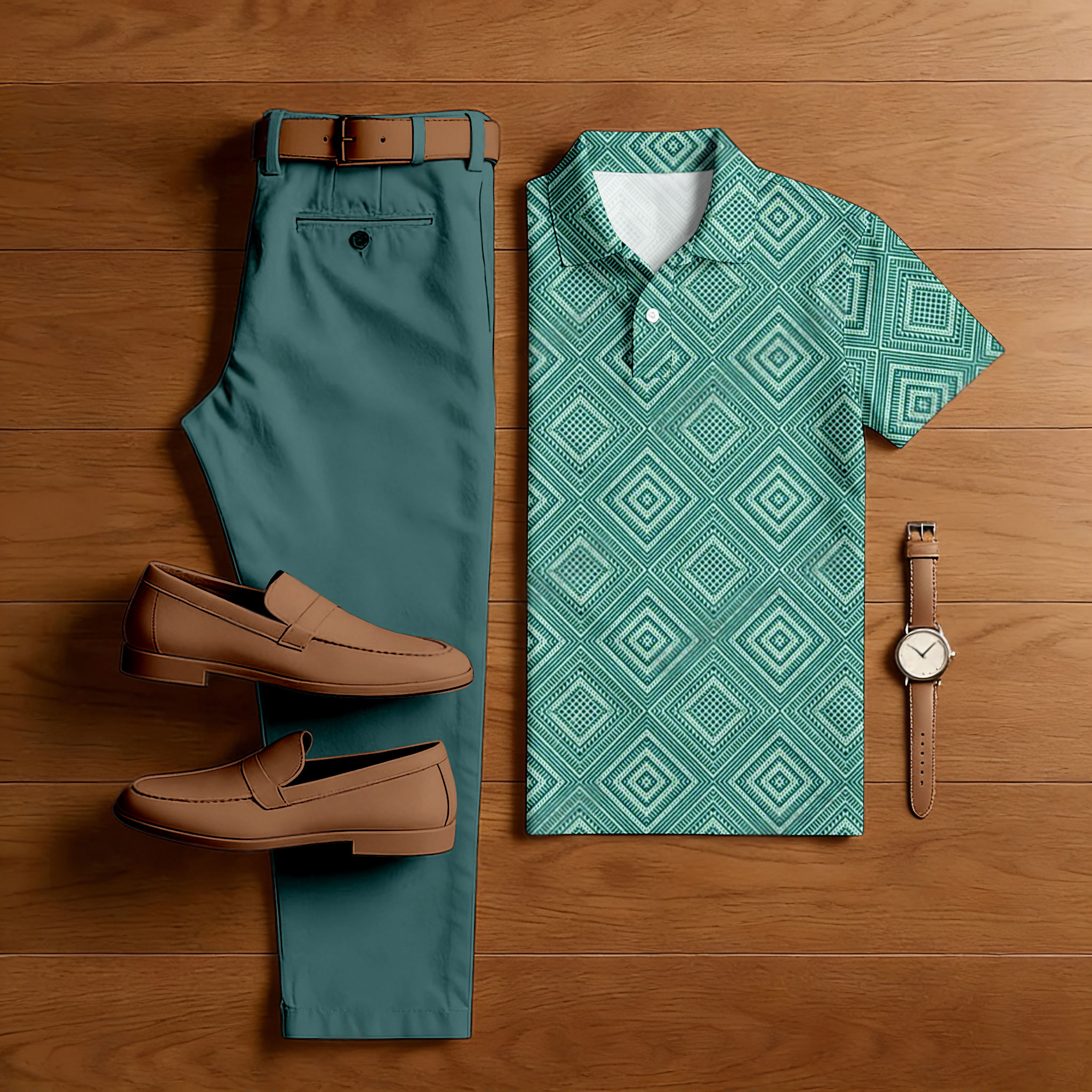 Conjunto de dos piezas casual Green Color Matching Checkered estampado de manga corta camisa polo & Trousers para hombre