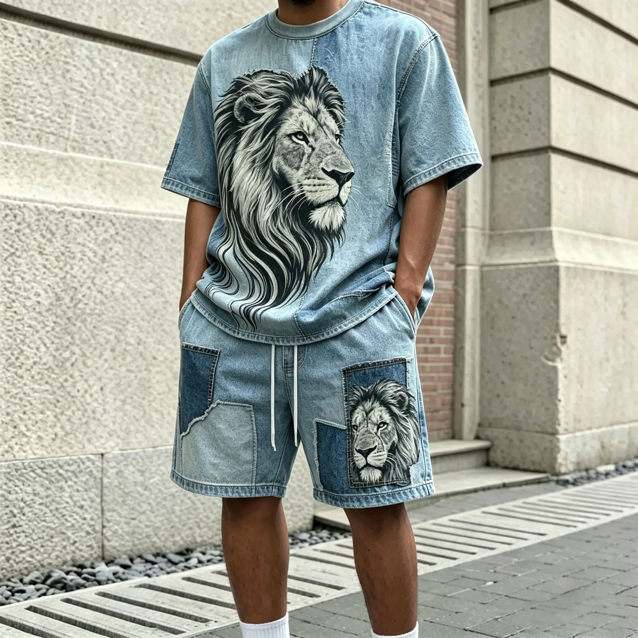 para hombre estampado Round-Neck de manga corta camiseta and shorts Set