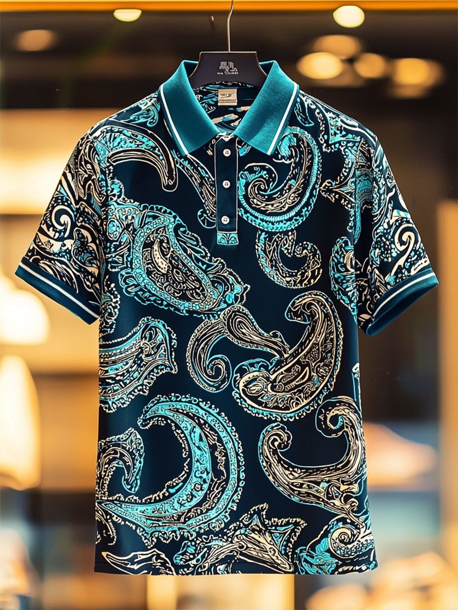 Camisa polo casual ejecutivo Paisley Button de manga corta para hombre