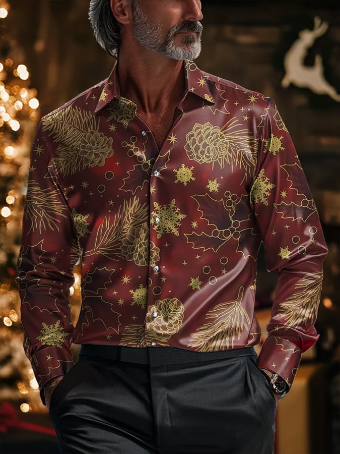 Camisa de lujo Christmas Contrast Color estampado de manga larga para hombre