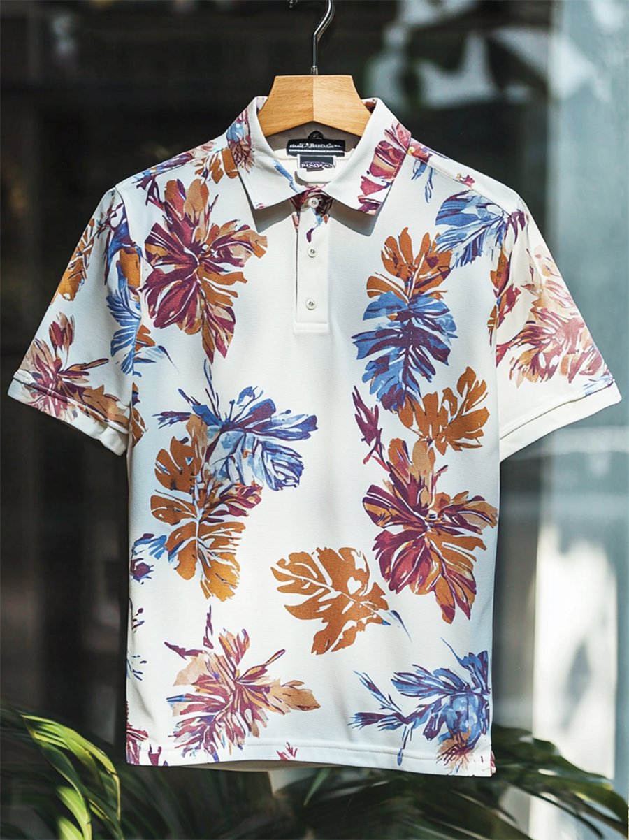 Camisa polo casual Festive floral estampado Button de manga corta para hombre