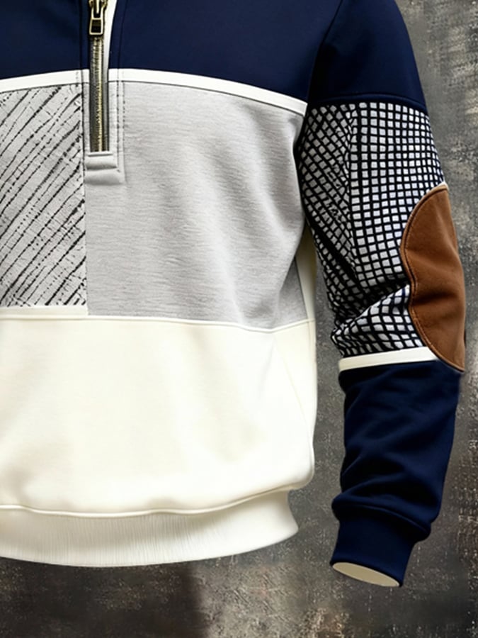 Sudadera retro en bloques de color estampado Color-Blocked con cierre para hombre