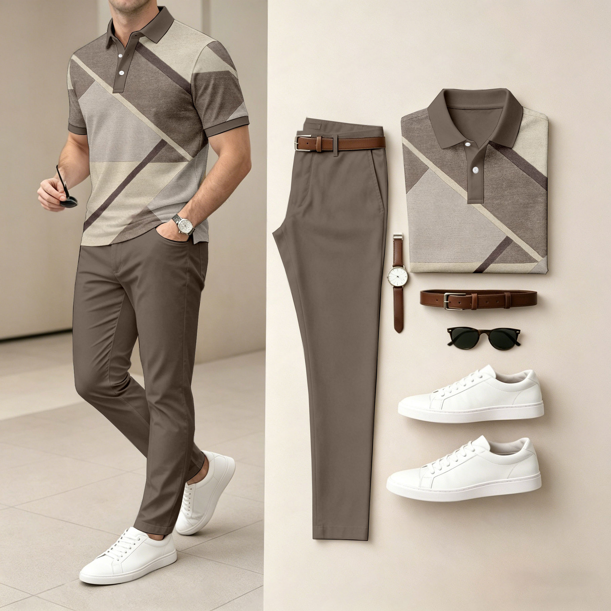 Conjunto de dos piezas casual Brown Geometry estampado camisa polo And pantalón para hombre