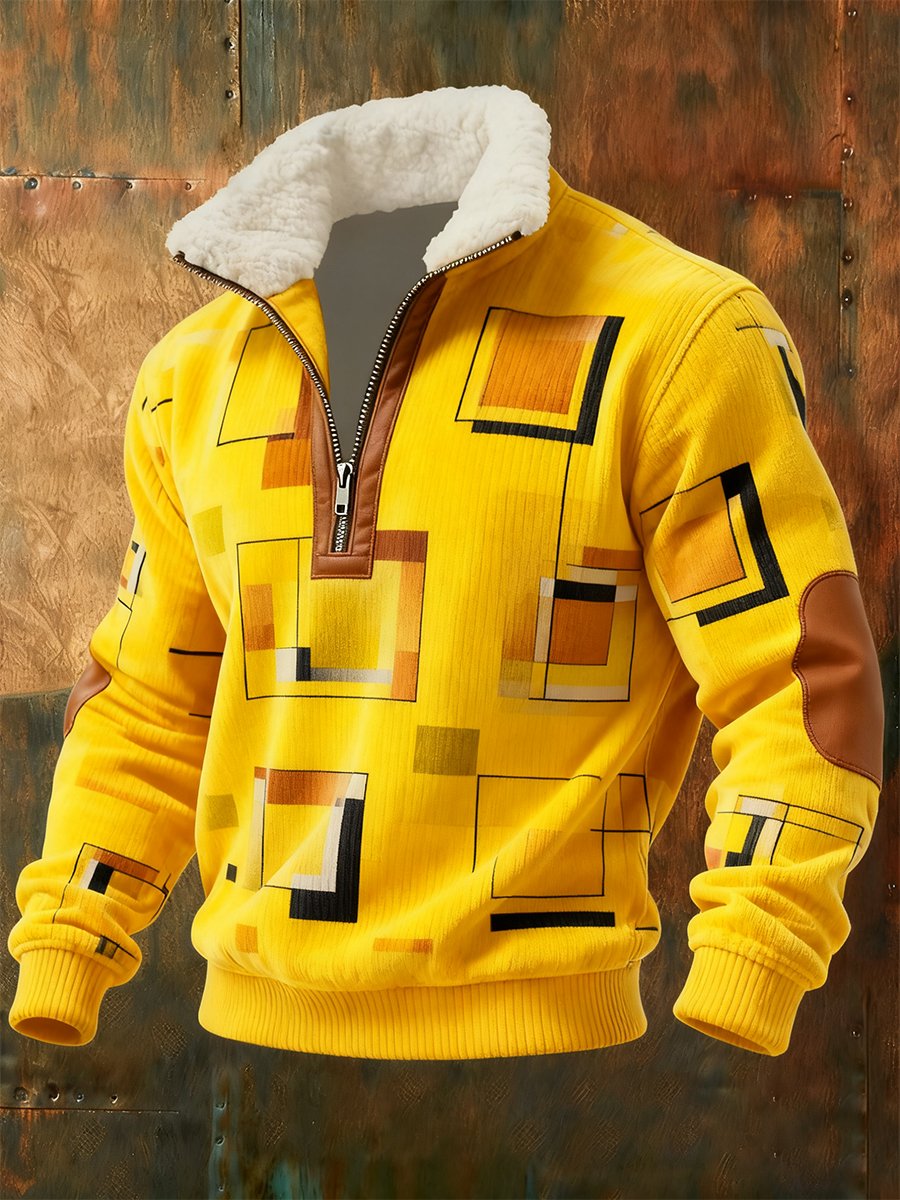 Sudadera retro geométrico Quarter Zip polar Neck para hombre