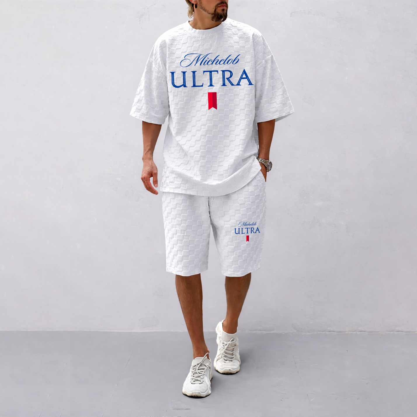 Camisa Spring/Summer Drawstring shorts Set featuring Beverage-estampado a cuadros Fabric—A casual summer ensemble comprising a de manga corta and shorts, ideal for both para uso diario wear and athletic activities para hombre