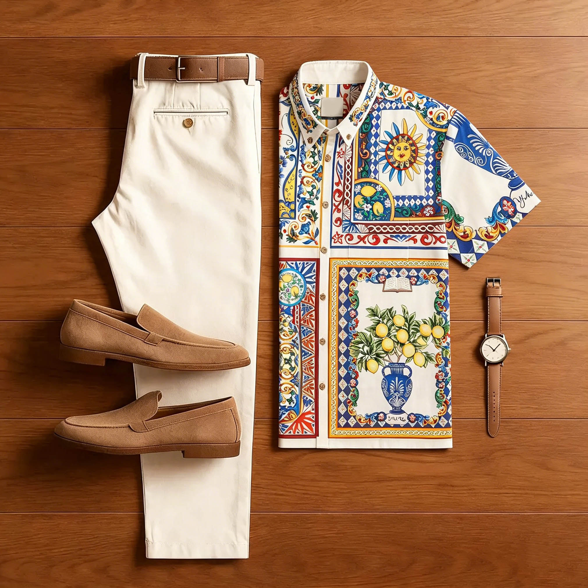 Conjunto de dos piezas Men Mediterranean Lemon Tile estampado Vacation camisa & Beige Trousers