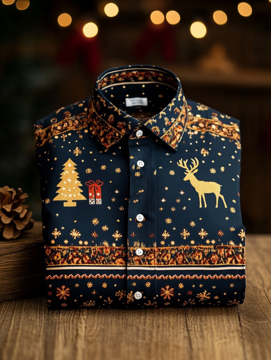 Camisa ejecutivo retro Christmas Elk Snowflake estampado de manga larga para hombre
