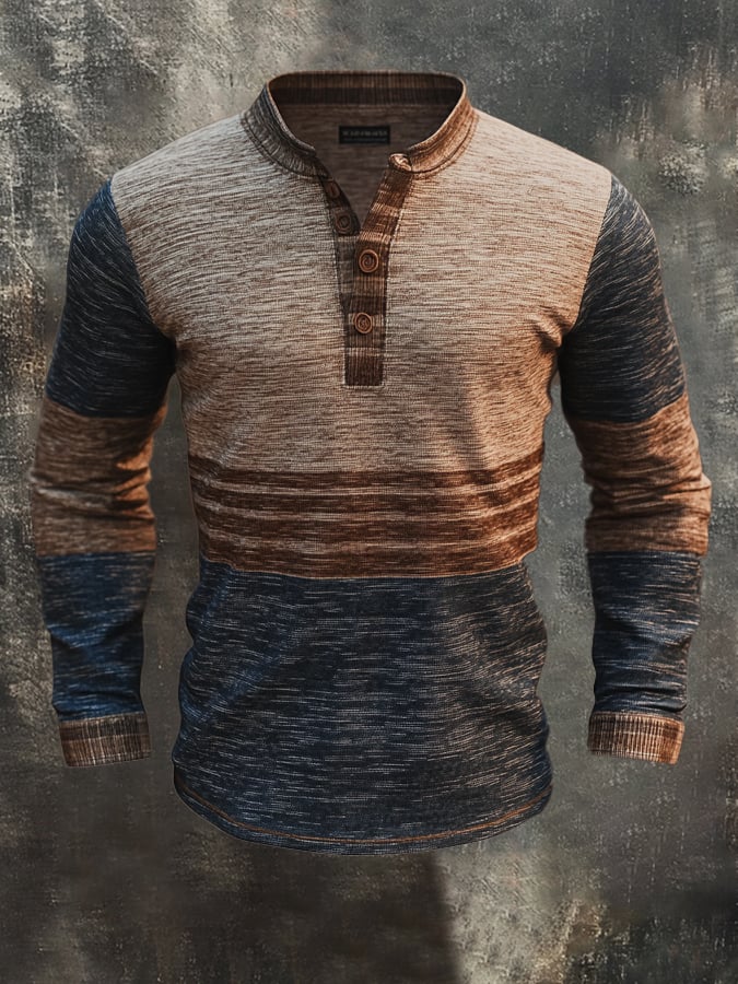 Retro en bloques de color de manga larga Henley para hombre