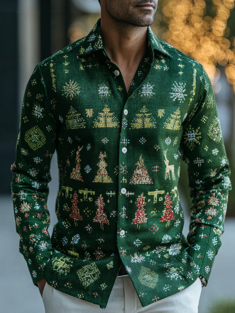 Camisa ejecutivo Christmas estampado de manga larga para hombre
