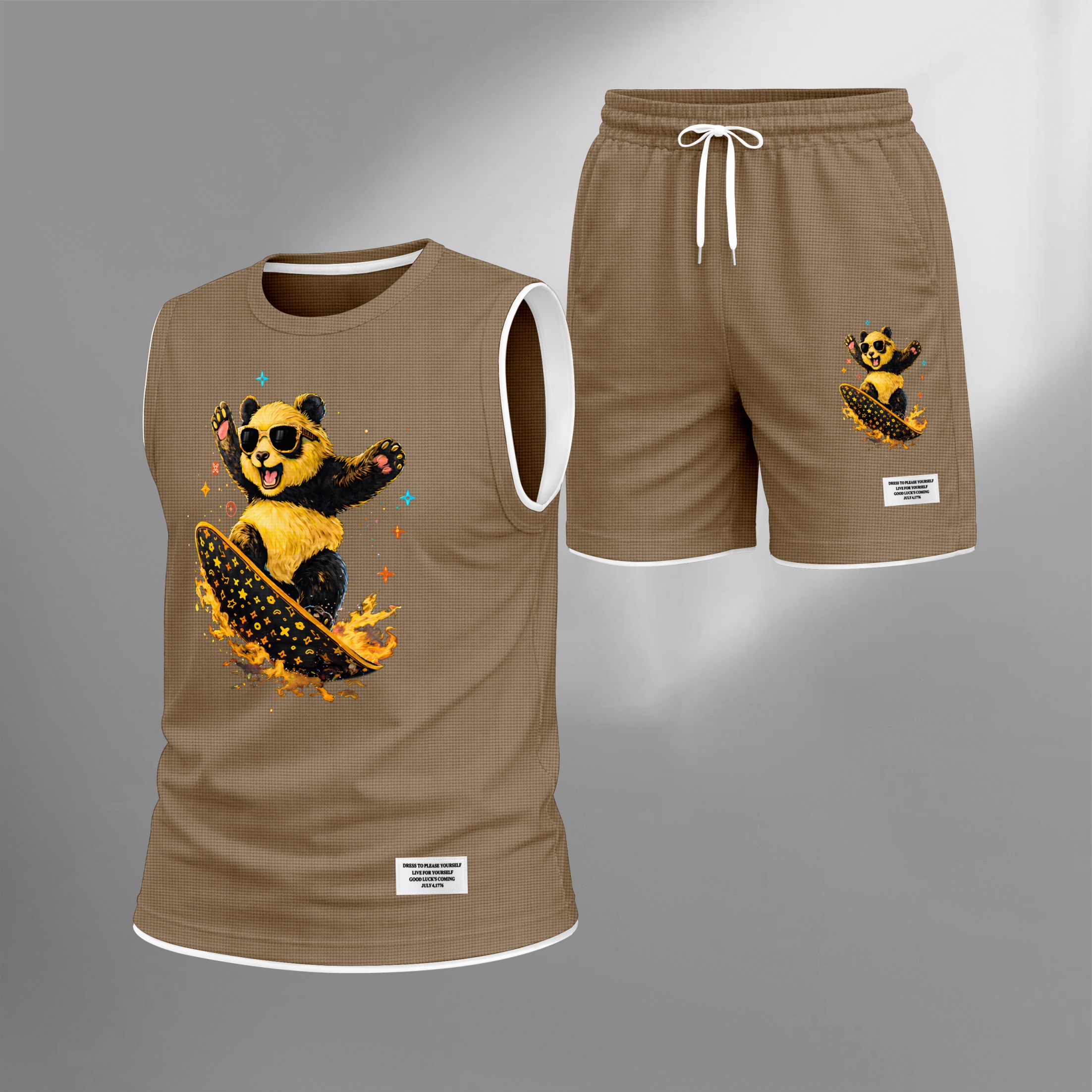Shorts Cartoon Panda Graphic estampado Summer Set Sleeveless Tank Top & Matching Outfit, Skateboard Style Animal estampado Lightweight casual Streetwear Athletic Set for Everyday & Holiday para hombre