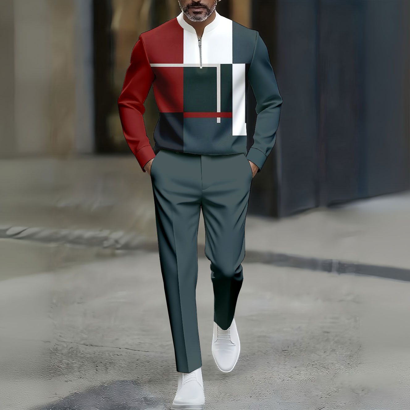 Conjunto de dos piezas casual Red & Green Color Matching Asymmetric Checked estampado Round-Neck Zipper de manga larga Trousers para hombre