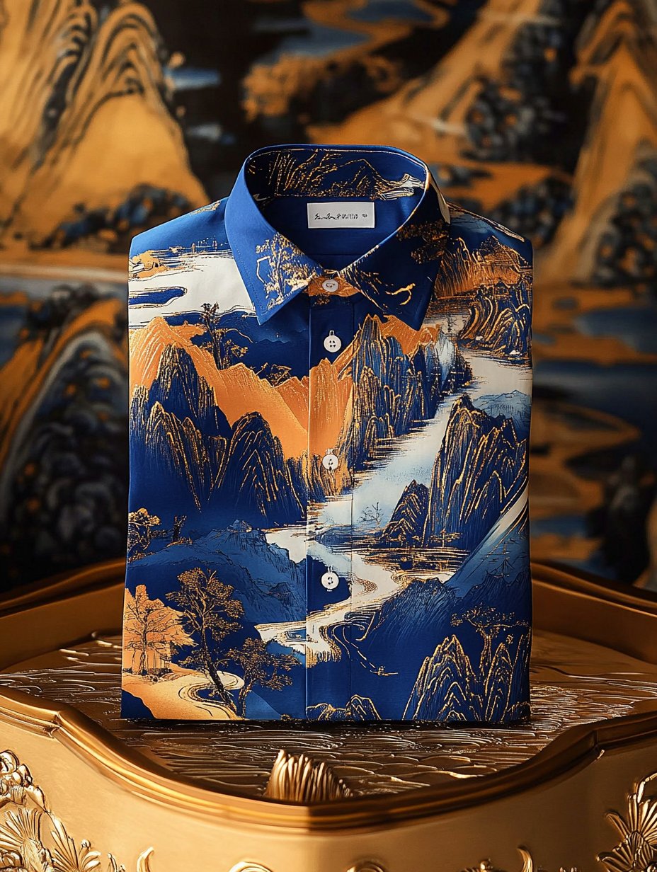 Camisa de lujo clásico Ukiyo-e de manga larga para hombre