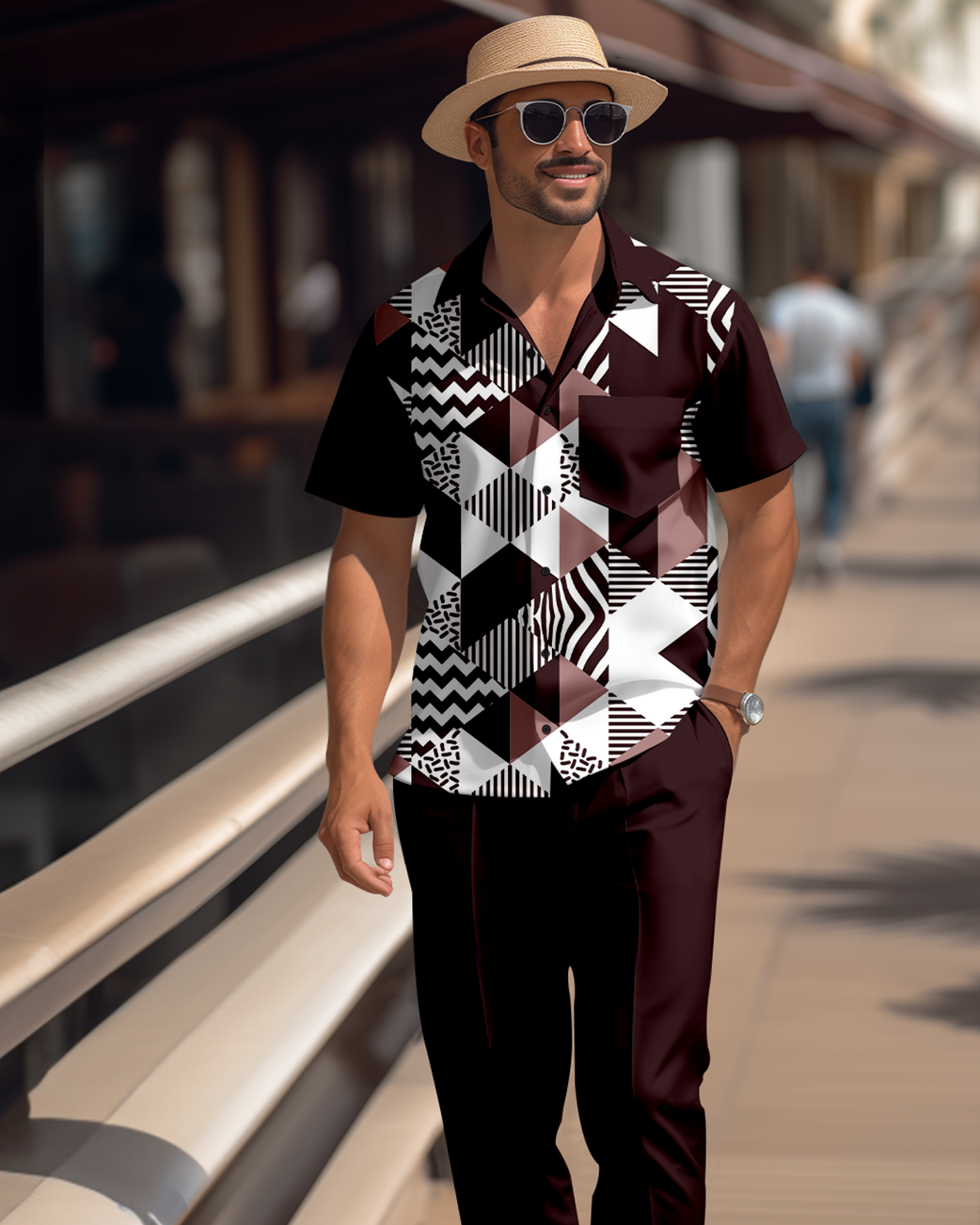 Camisa retro colorblock de manga corta walking Suit 1702 para hombre