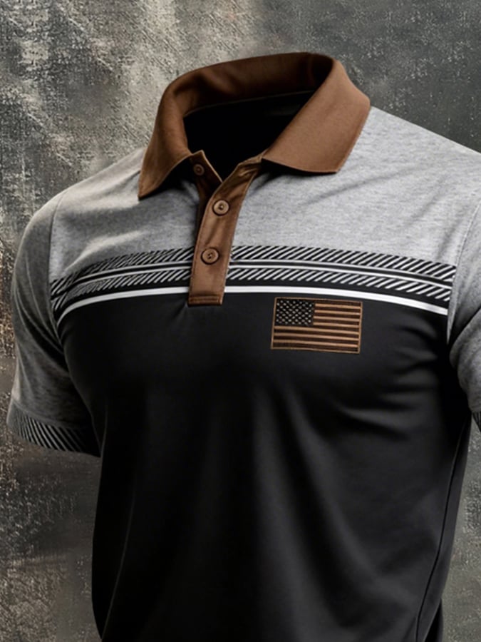 Retro Patriot en bloques de color Polo Collar de manga corta para hombre