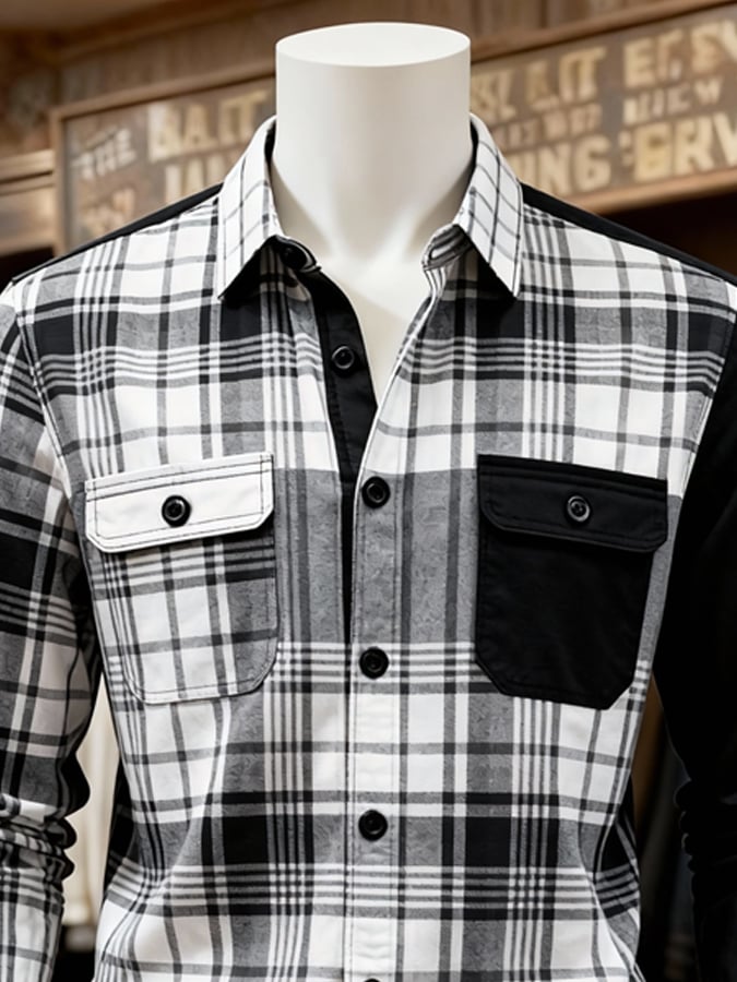 Camisa retro a cuadros Contrast Color de manga larga para hombre