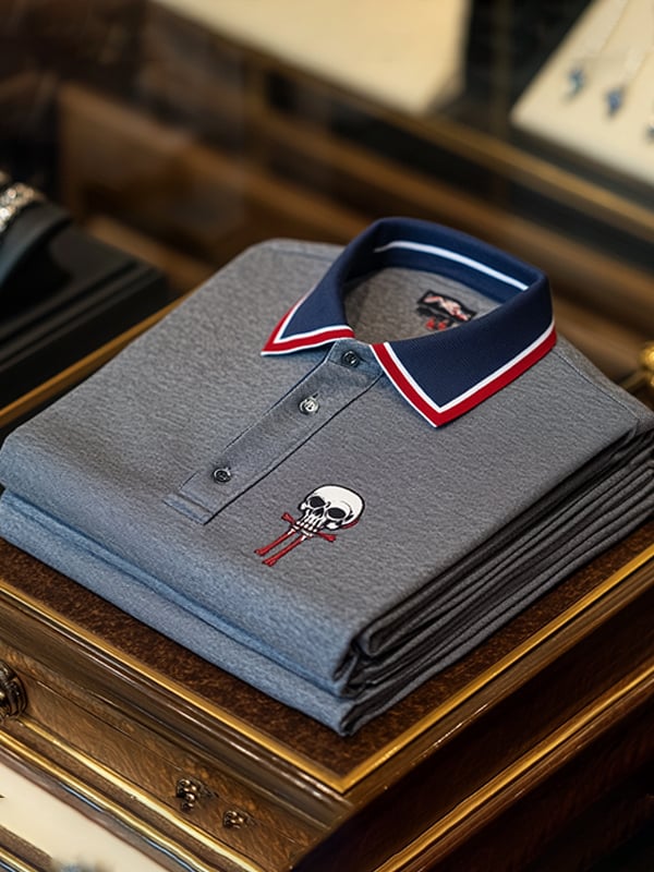 Camisa polo ejecutivo casual Skull estampado con botones para hombre