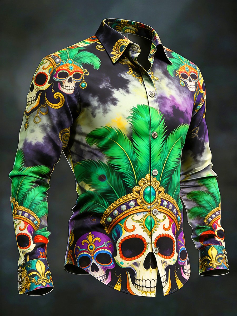 Camisa retro Carnival Skull de manga larga para hombre