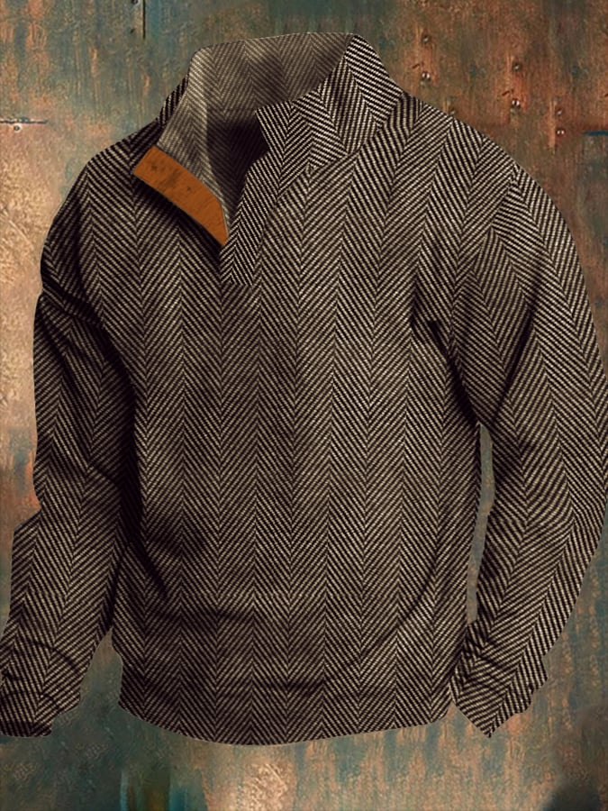 Sudadera Western vintage jacquard Herringbone Design Stand cuello Button (Non-estampado) para hombre