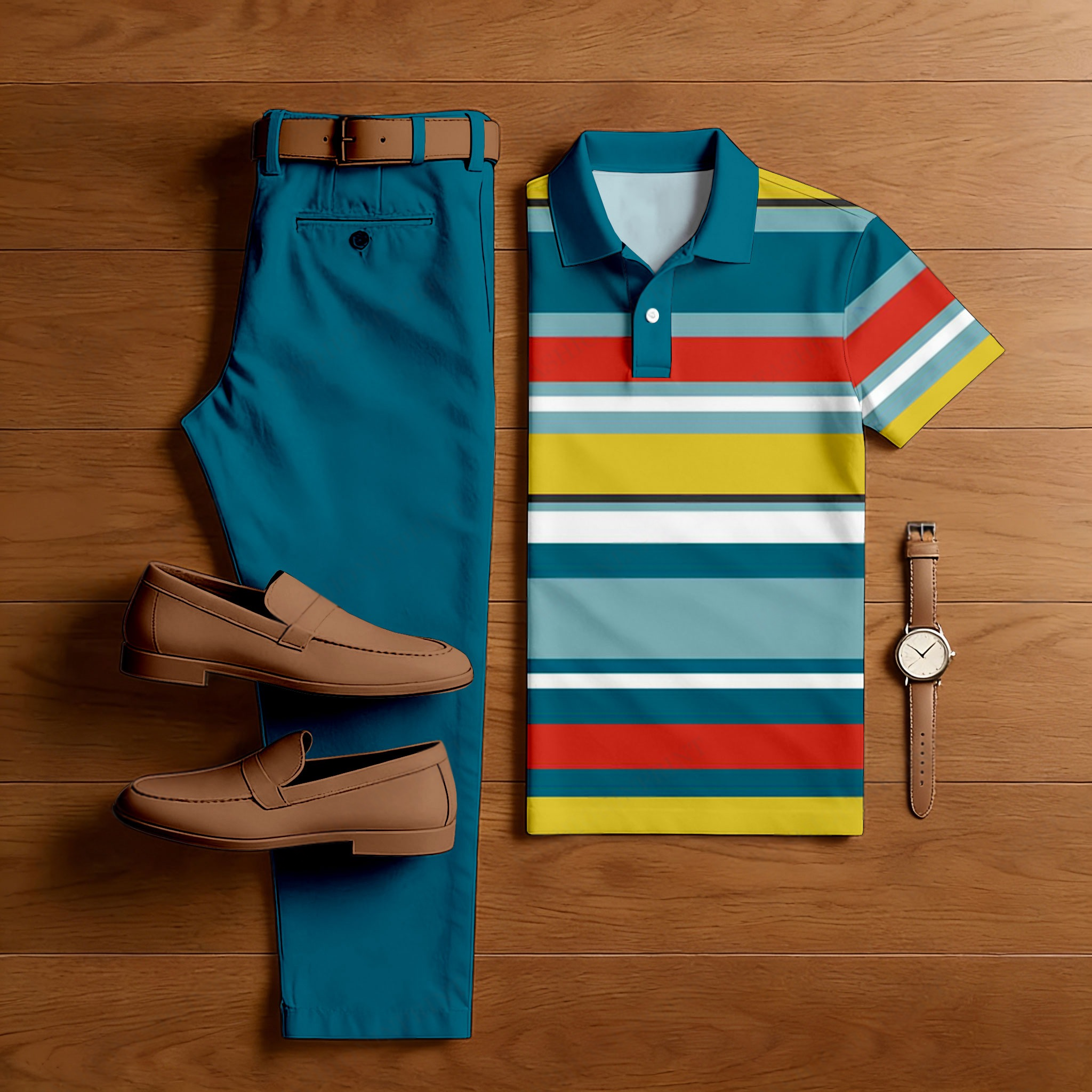 Conjunto de dos piezas casual Peacock Blue & Multi Color Matching a rayas estampado de manga corta camisa polo & Trousers para hombre