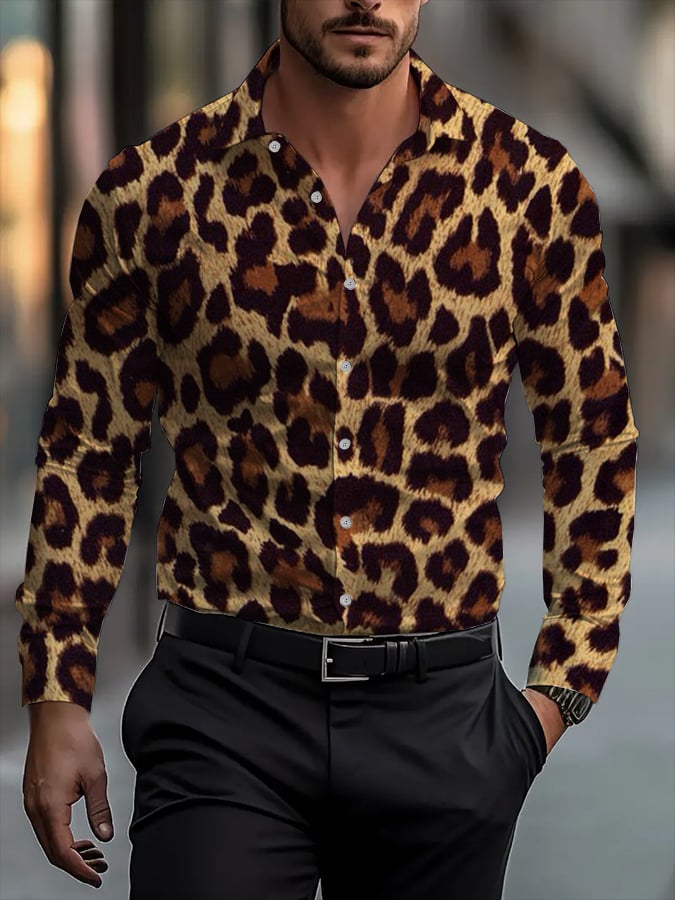 Camisa clásico ejecutivo Leopard estampado de manga larga para hombre