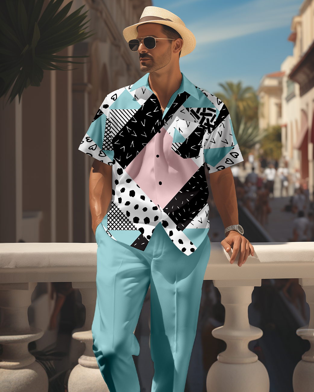 Camisa retro colorblock de manga corta walking Suit 1701 para hombre