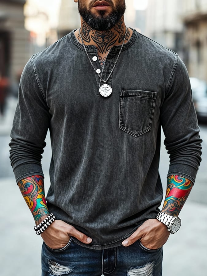 Camiseta vintage Washed and desgastado Henley para hombre